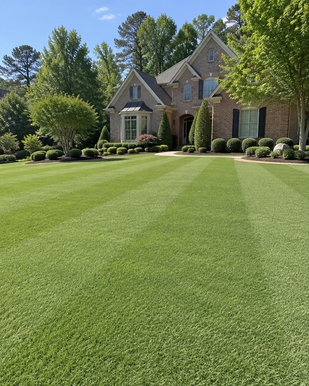 Short, dense Bermuda lawn in front of a brick home